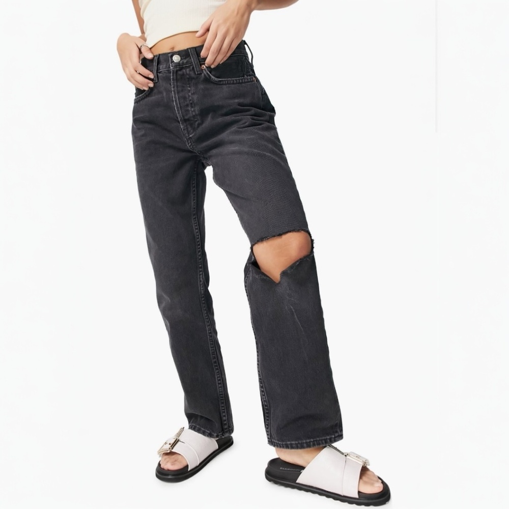 Topshop Black Ripped Knee High Waist Dad Jeans Size 30W x 28L